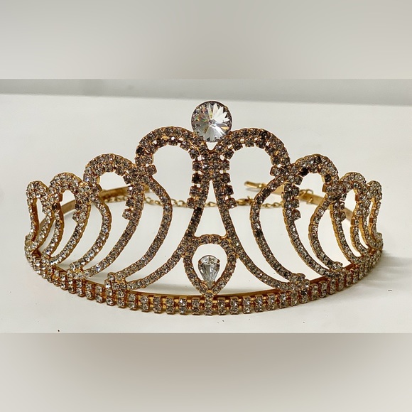 Mid Century Vintage Gold Tone Faux Diamond Jeweled Crown Tiara